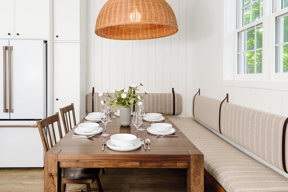 Warm built-in seating creates an inviting space to gather after time on campus or downtown.