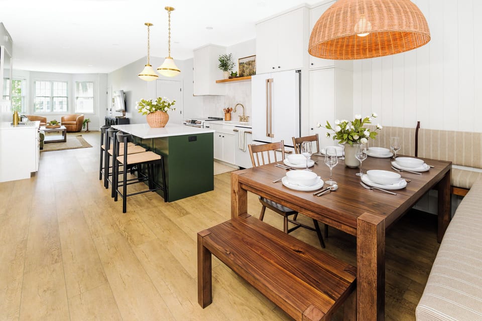 Open-concept kitchen and dining area designed for easy, comfortable stays in Bloomington, Indiana.