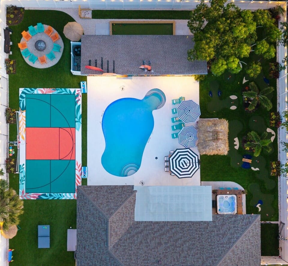 From the heated pool and hot tub to the game courts, fire pit, and outdoor lounging areas—our backyard is designed for the ultimate getaway experience.