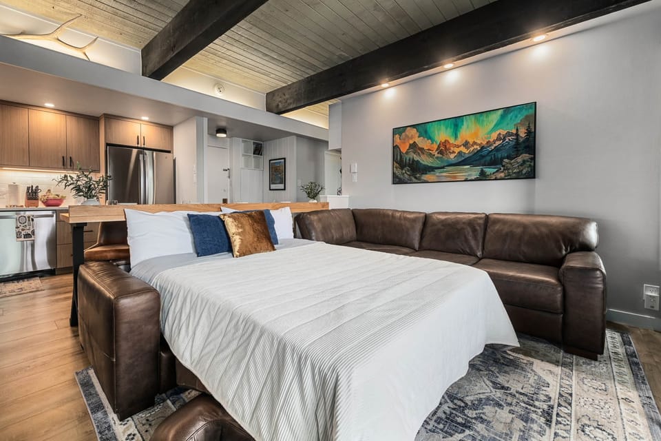 The living room includes a queen size sleeper sofa for additional guests
