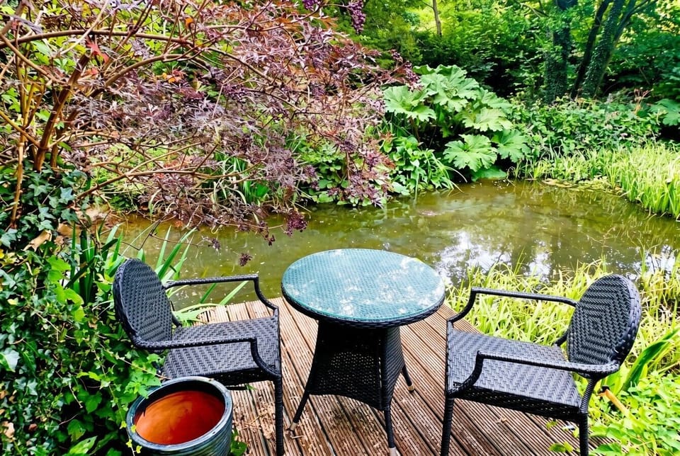 Sip your morning coffee at the round table right on the pond edge.