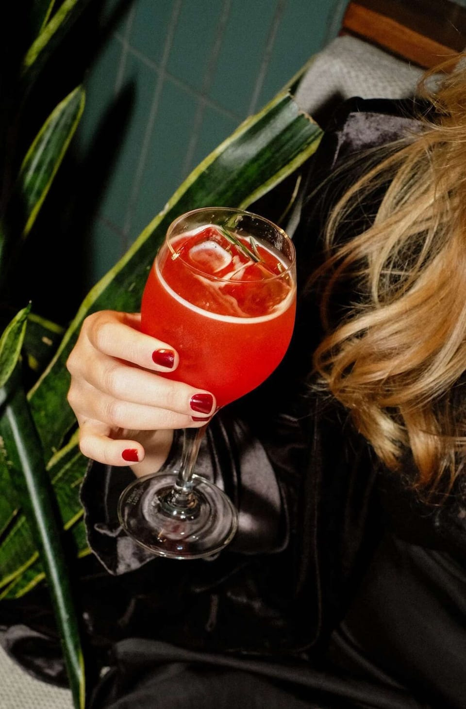 Red cocktail held near green leaves and tiled wall