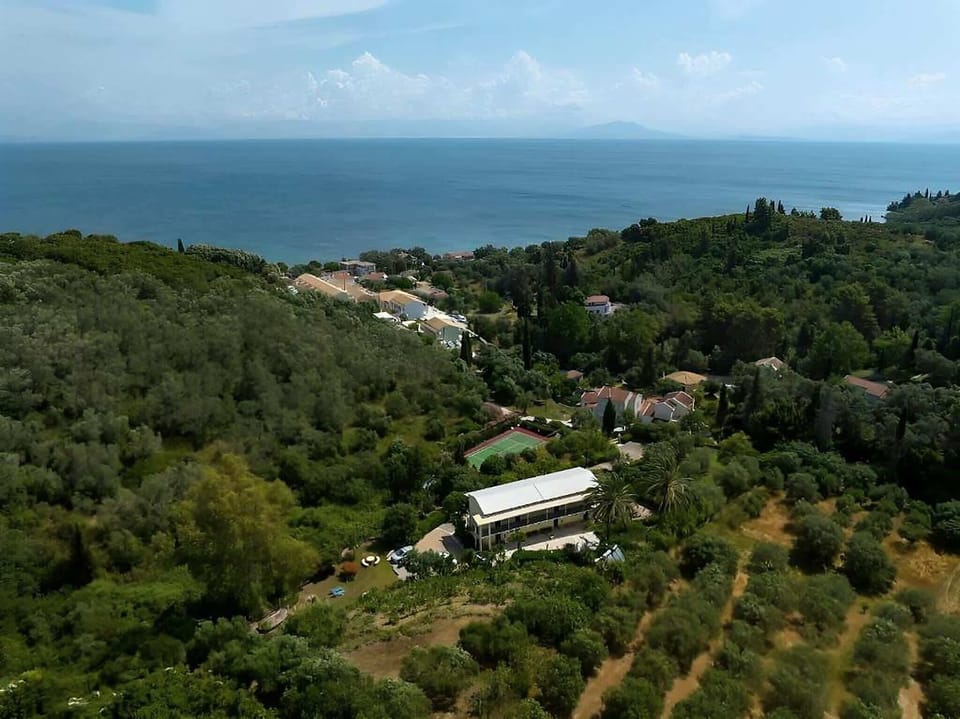 Aerial view of the property surrounded by lush greenery with views of the Ionian Sea.