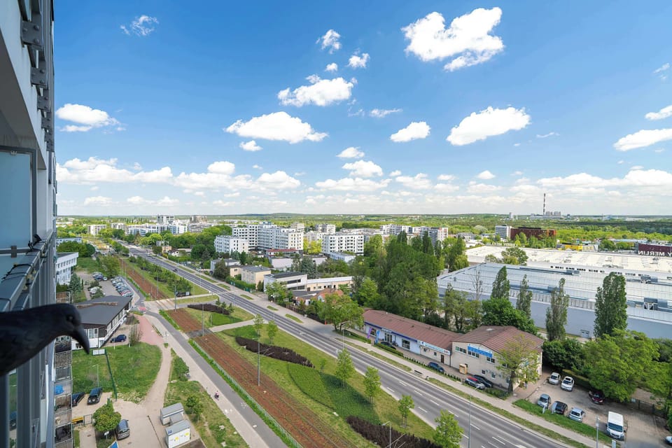 An elevated panoramic view from the balcony displays a wide avenue lined with green trees and commercial buildings under a blue sky.