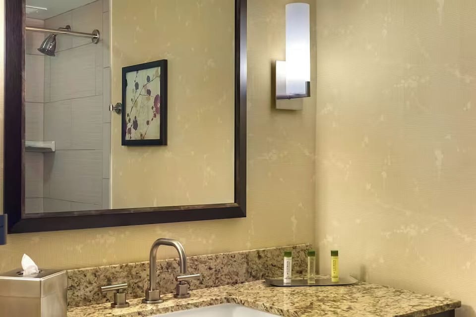 Refresh each morning with a granite vanity and bright lighting.