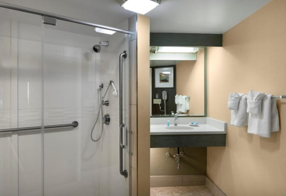 Refresh under a spacious shower with bright vanity lighting.