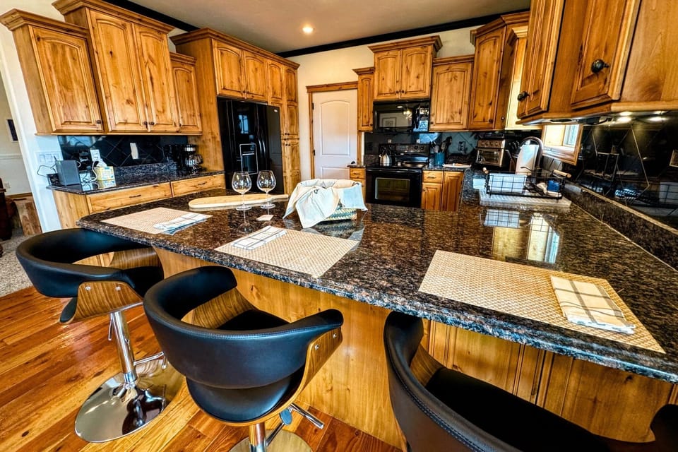 The bar seating is perfect for morning coffee or evening drinks.