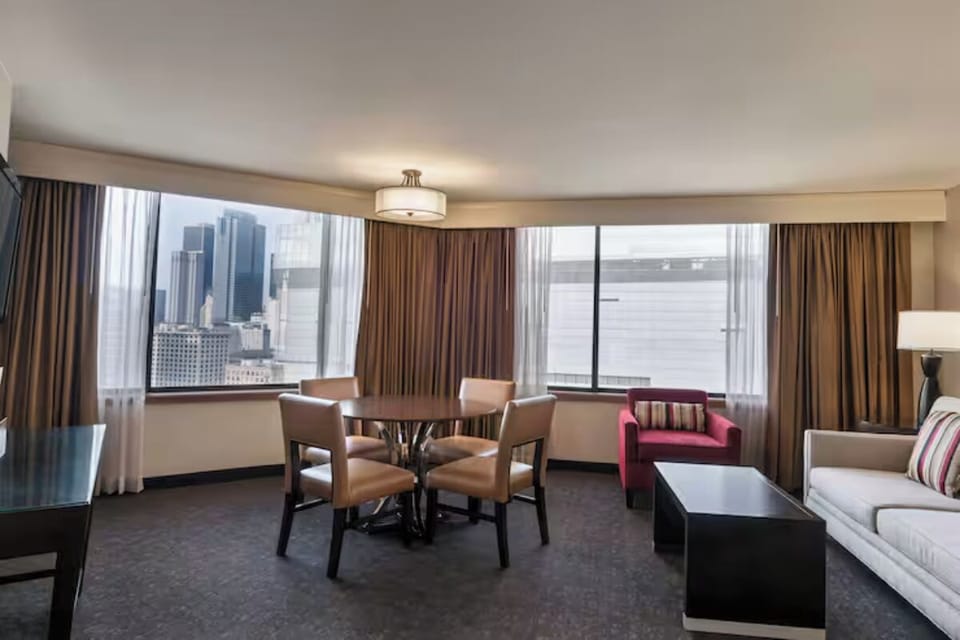 Gather for meals with skyline views from the dining nook.