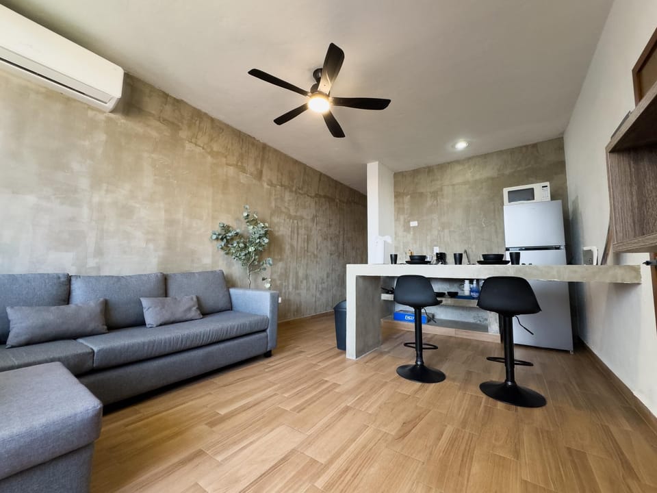 Modern living room and kitchen with sleek design and cozy seating