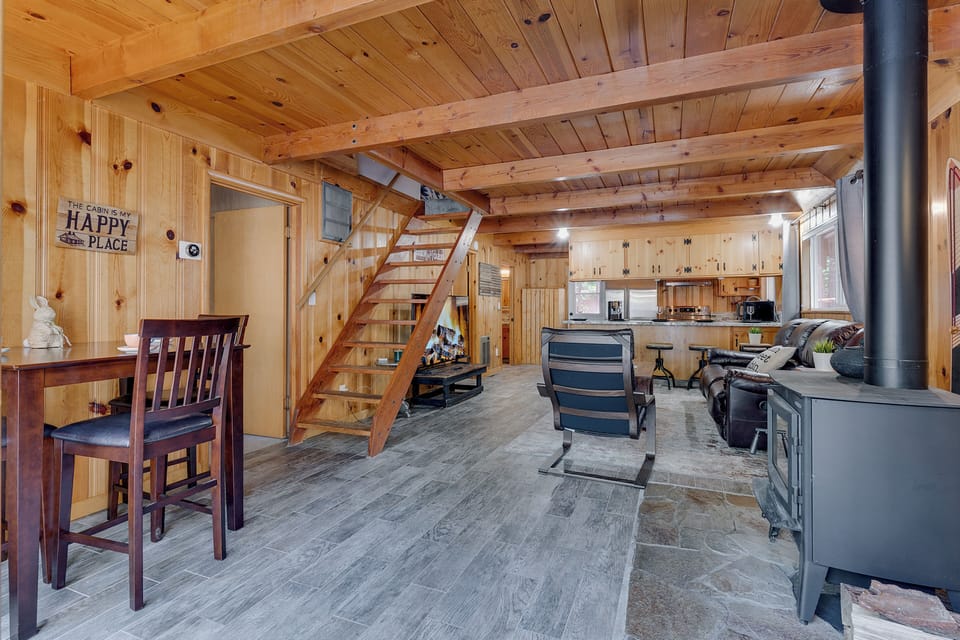 Living, dining, and kitchen area