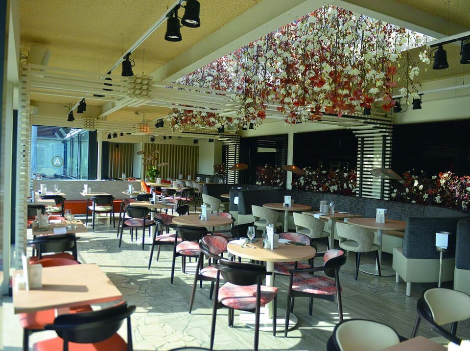 Savor relaxed meals beneath dramatic floral ceiling and sunlight.