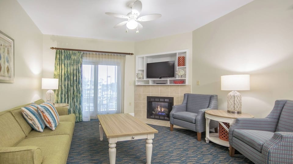 Relax by the glowing fireplace after a full day out.