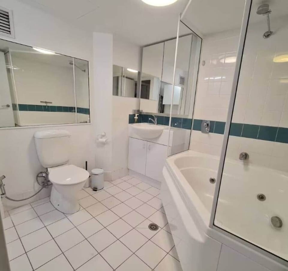 Functional bathroom with corner spa and shower 
