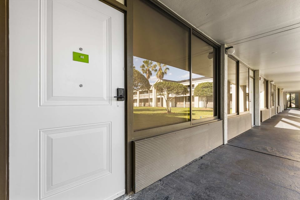 Entrance to the unit with a view of the courtyard and palm trees through large windows