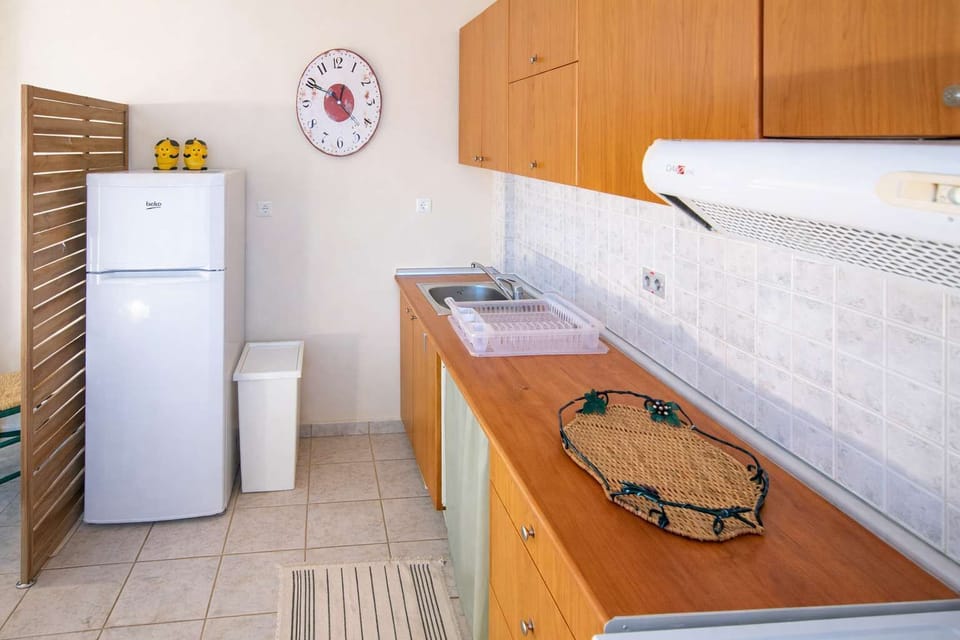 View of the kitchen workspace with wooden countertops, tiled details, and decorative touches. The setup combines functionality and style, creating a pleasant environment for preparing meals and enjoying everyday comfort