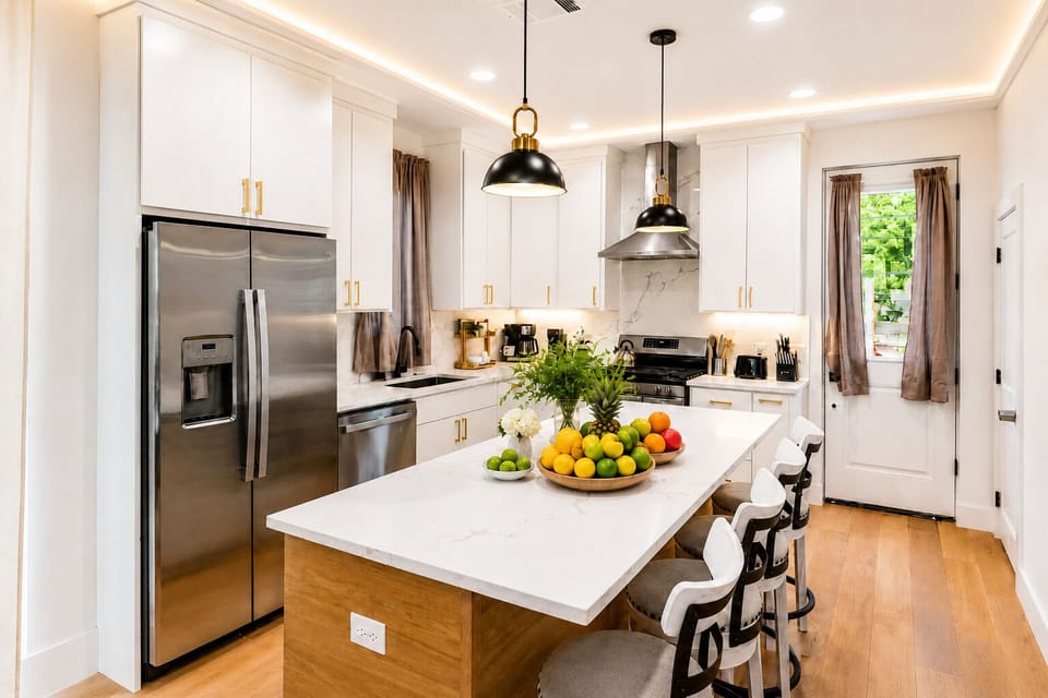 Clean white cabinetry paired with elegant gold hardware and industrial pendant lighting creates a sophisticated atmosphere for any home chef.