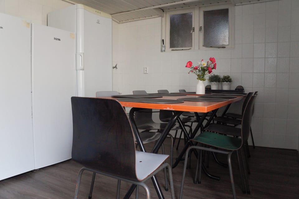 Simple dining area with a large table, mixed seating, refrigerator, and natural light, offering a practical shared space.