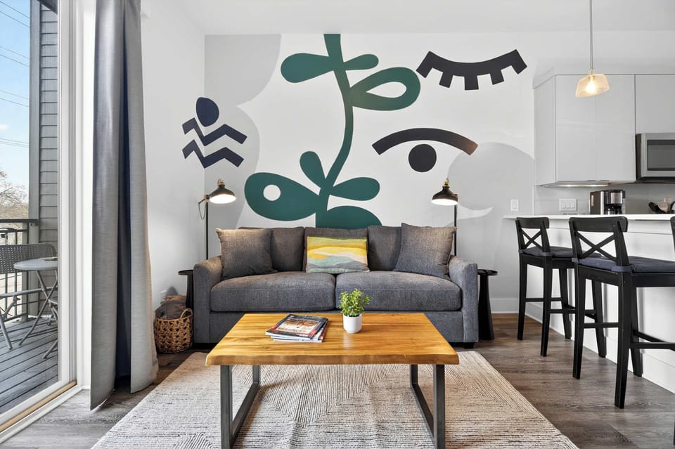 Living Room with Mural by Jess Foley