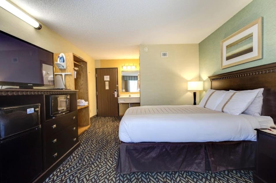 Settle in with convenient in-room fridge, microwave, and big TV.