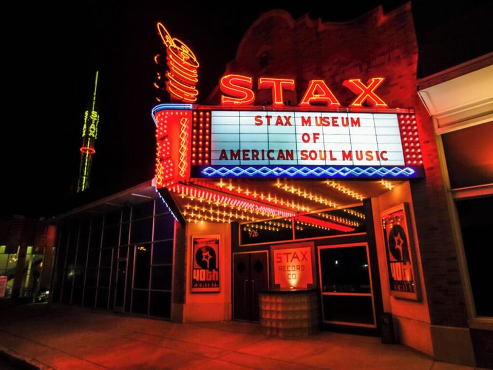 Step out and discover iconic music history glowing at night.