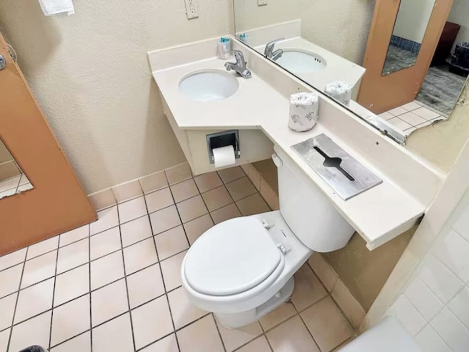 Freshen up quickly with a bright vanity and essentials.