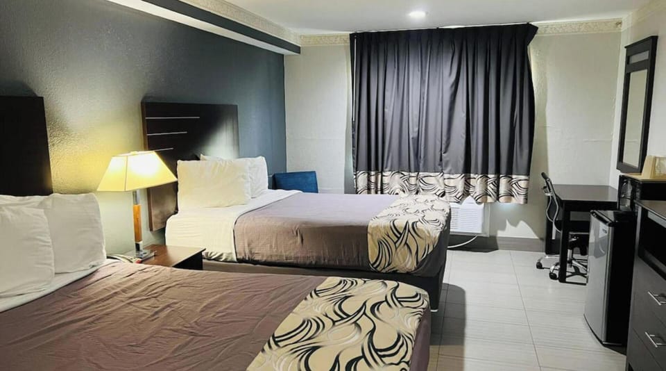 Settle in comfortably with two plush beds and workspace.