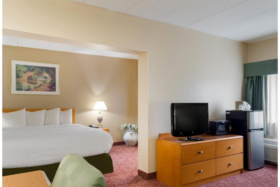 Settle into a spacious room with TV, fridge, and comfort.