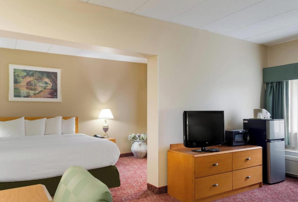 Settle into a spacious room with TV, fridge, and comfort.