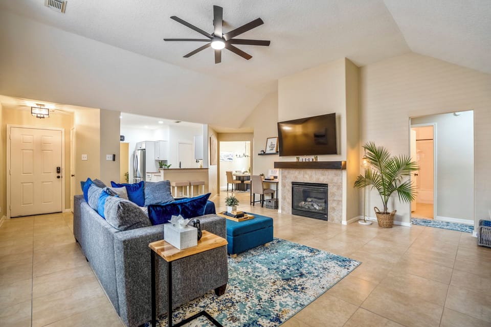 65" SmartTV and fireplace