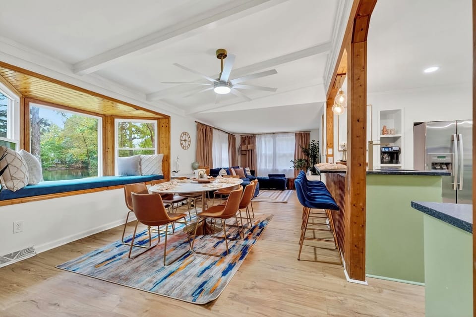 Dining room table with 8 comfortable chairs.