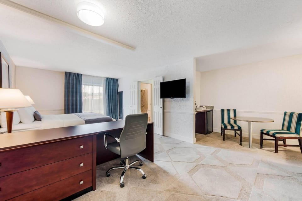 Unwind in a bright suite with bed, TV, and seating.