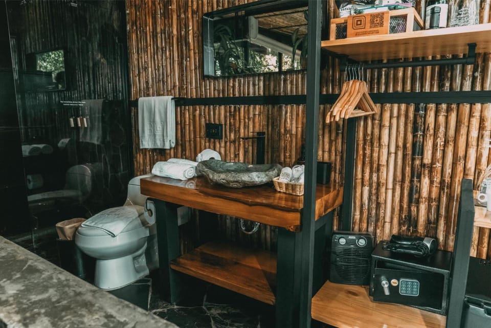 Refresh in a spa-like bathroom with warm, natural textures.