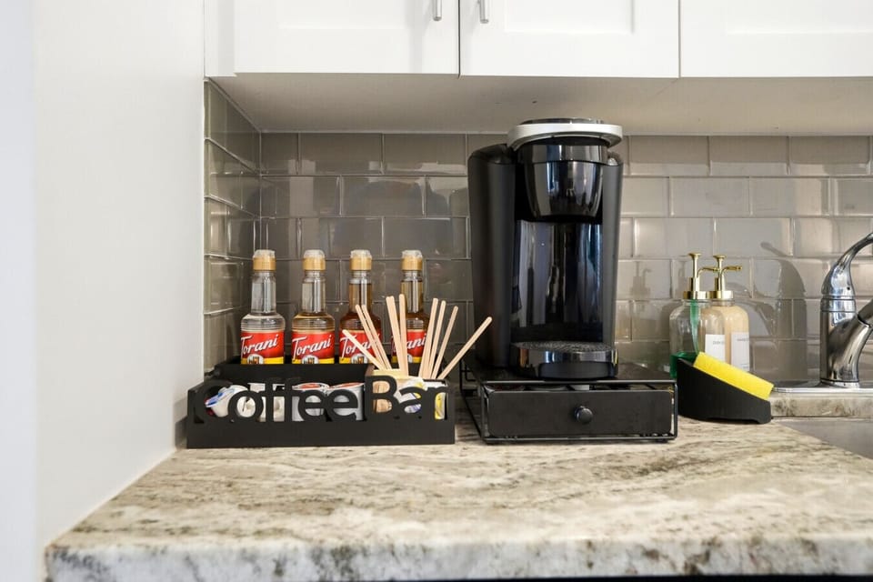 Coffee supplies and basic essentials like salt, pepper, and olive oil are provided for our guests