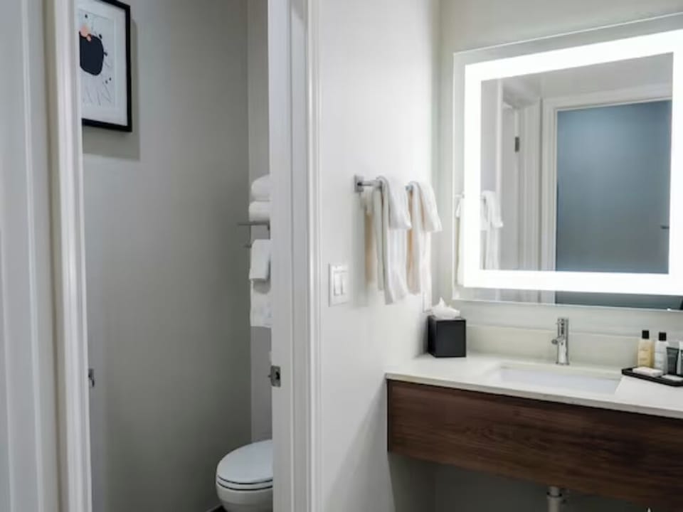 Refresh at the bright vanity with plush towels ready.