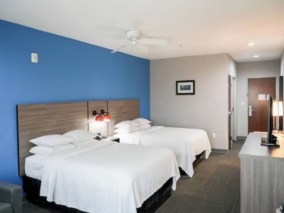 Stretch out on crisp beds in a bright, modern room.