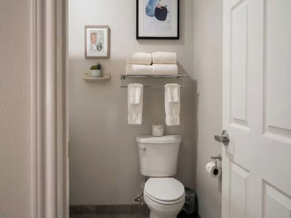 Enjoy convenient bathroom essentials neatly stocked for you.