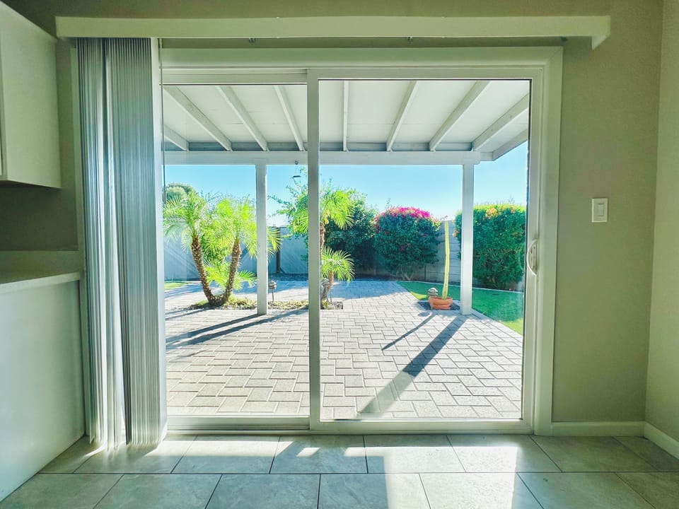 Dining area with backyard view