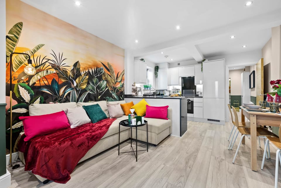 Living room with open plan kitchen and dining area