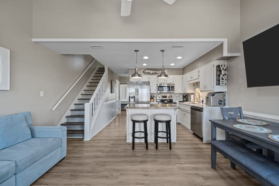 Bright kitchen with bar seating and open layout