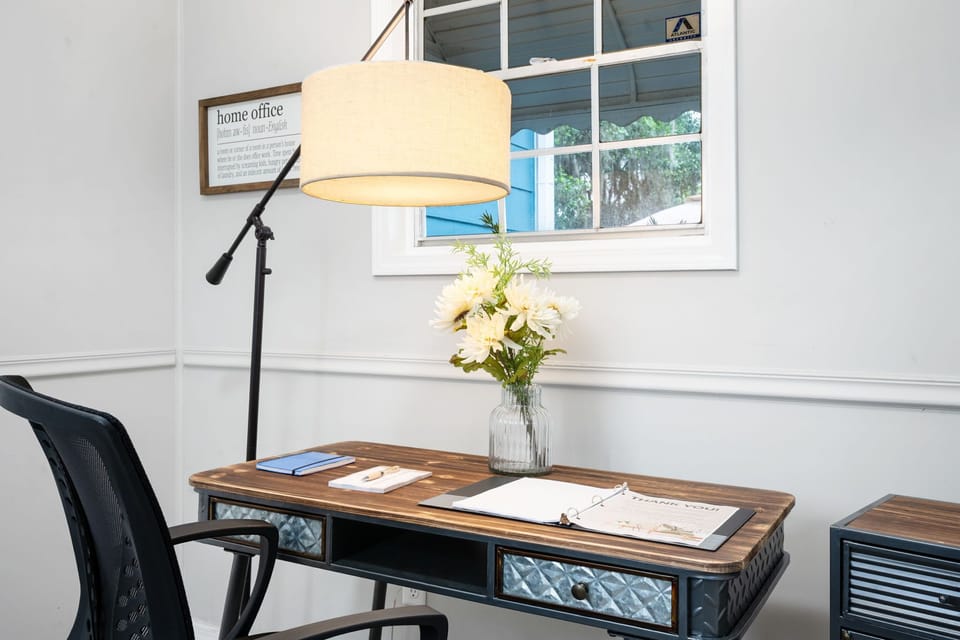 Bright home office nook with natural light and stylish workspace