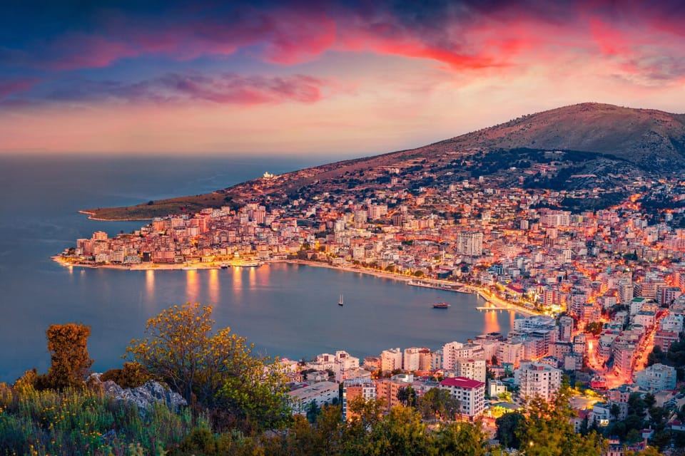 Aerial morning cityscape of Sarande