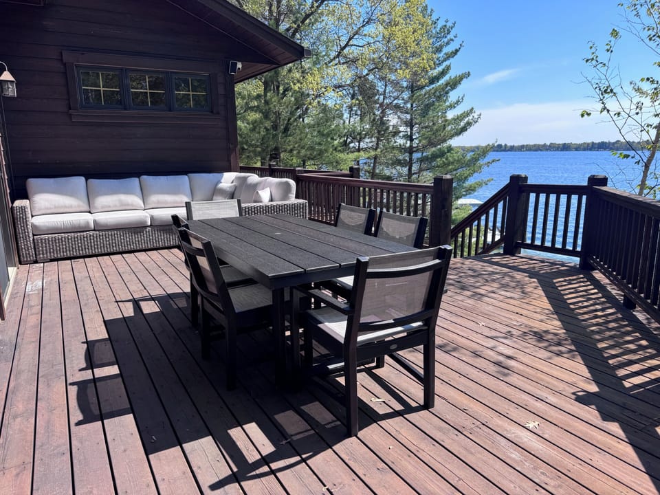 Ample outdoor seating awaits you overlooking the lake.