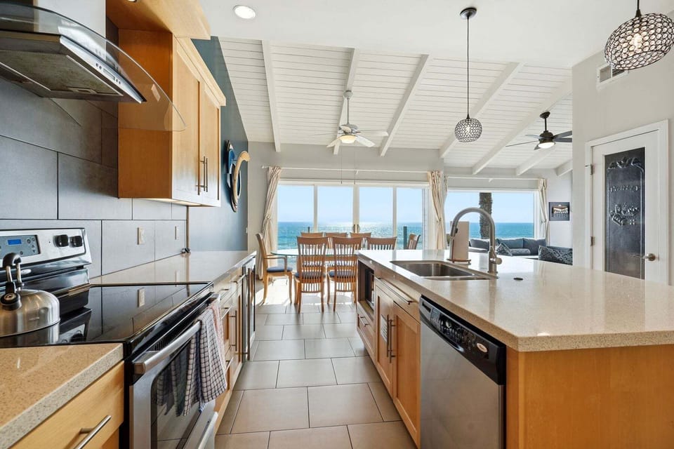 Spacious kitchen with island and ocean views