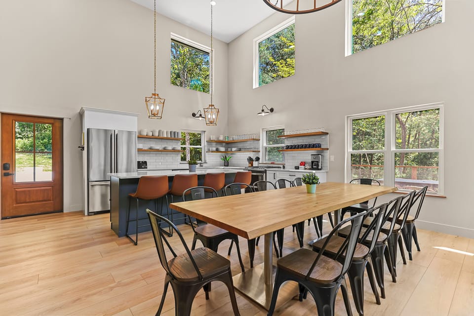 The dining room table seats 14-16 people. 