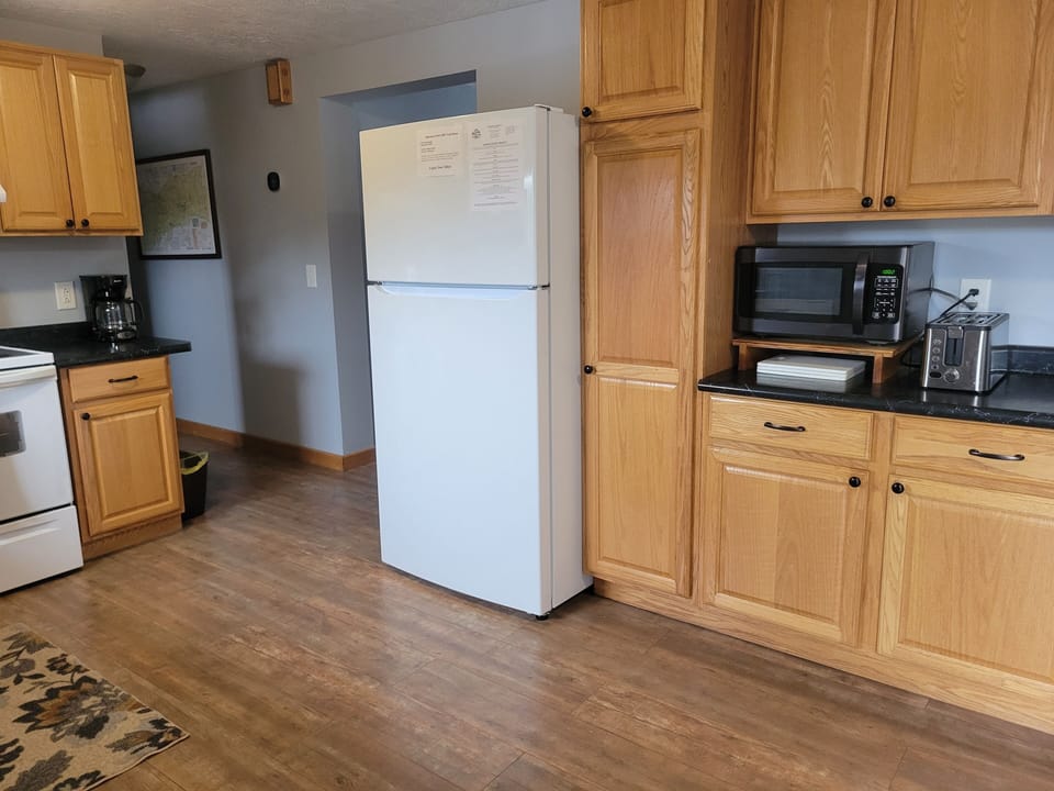 Kitchen, ice cube trays available, cutting boards under microwave.