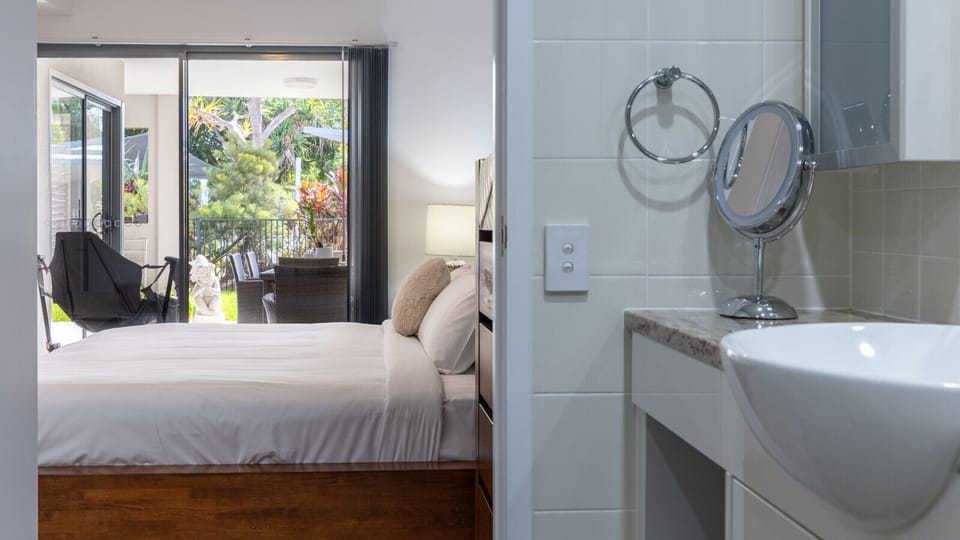 Clear, convenient bathroom-to-bedroom flow that works well for easy routines and quick access.