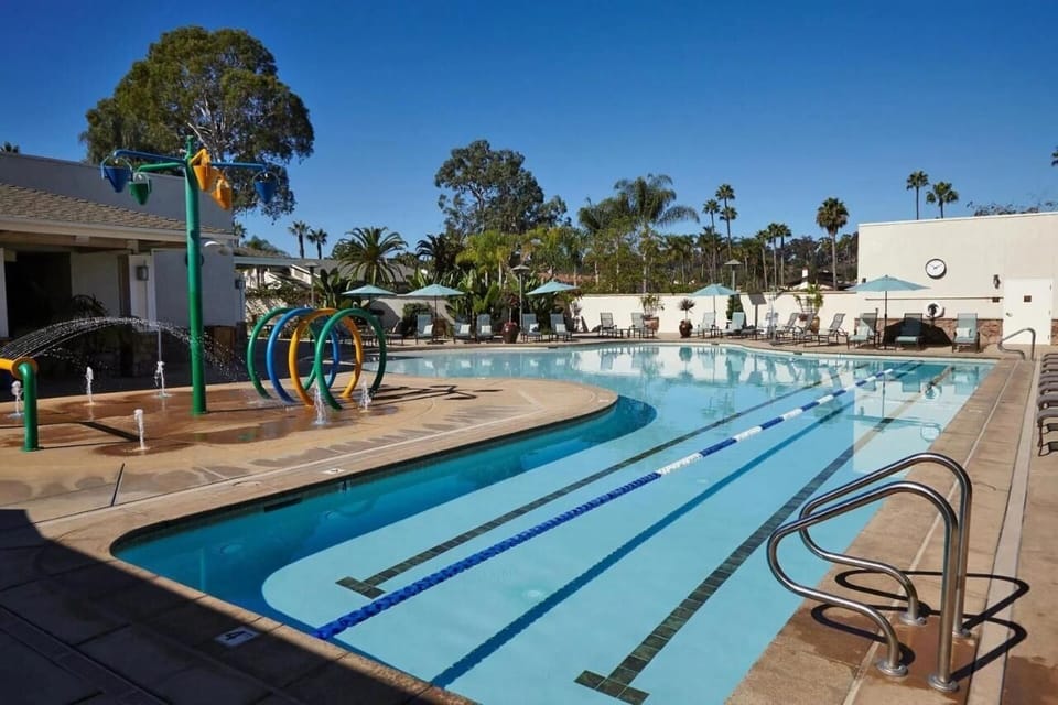 Dive into sunlit pool days with loungers and palm views.