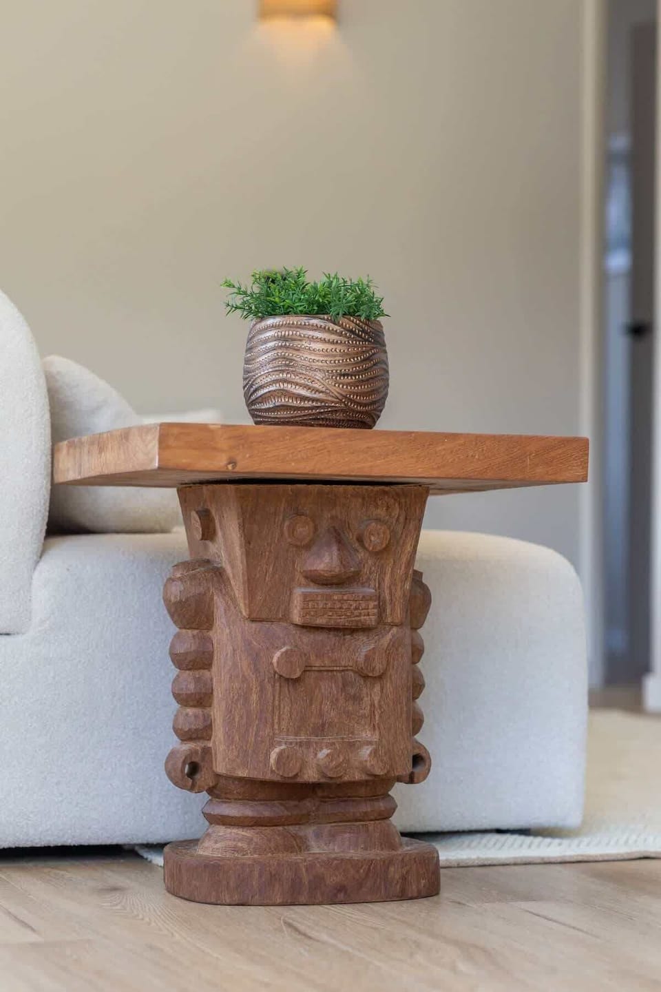 Decorative side table with natural textures. 