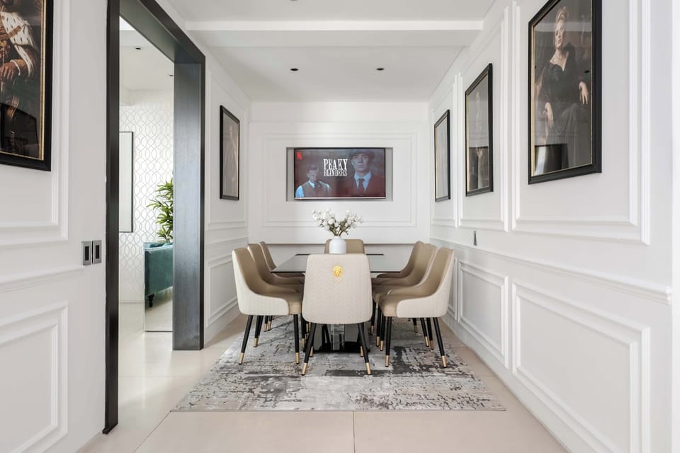 Living Room | Elegant luxury living room with a stunning OLED TV, stylish furnishings and refined décor. Fully air conditioned for year round comfort, creating a calm and sophisticated space to relax or entertain.