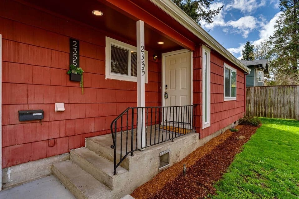 Well lit entrance with key pad